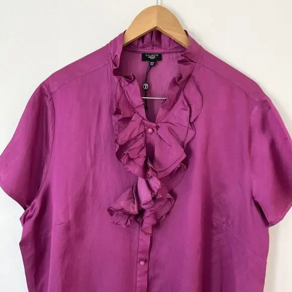 Talbots Women's Silk Cotton Blend Ruffle Neckline Blouse Magenta Size 20 NWOT - Picture 2 of 7